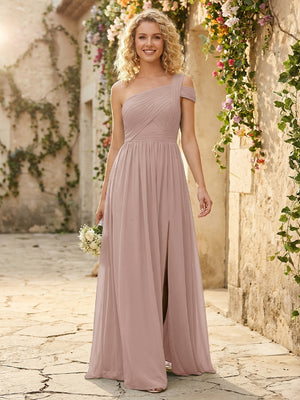 One Shoulder Chiffon Pleated Bridesmaid Dresses with Slit