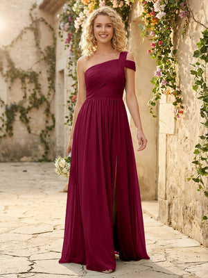 One Shoulder Chiffon Pleated Bridesmaid Dresses with Slit