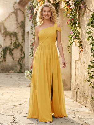 One Shoulder Chiffon Pleated Bridesmaid Dresses with Slit