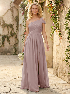 One Shoulder Chiffon Pleated Bridesmaid Dresses with Slit