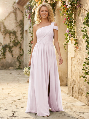 One Shoulder Chiffon Pleated Bridesmaid Dresses with Slit