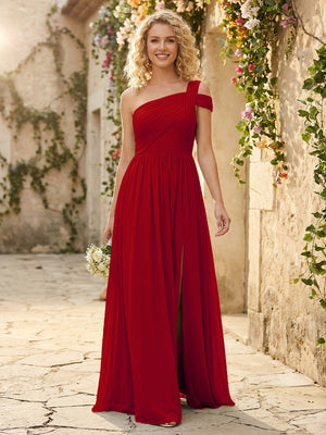 One Shoulder Chiffon Pleated Bridesmaid Dresses with Slit