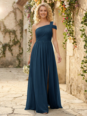 One Shoulder Chiffon Pleated Bridesmaid Dresses with Slit