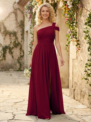 One Shoulder Chiffon Pleated Bridesmaid Dresses with Slit