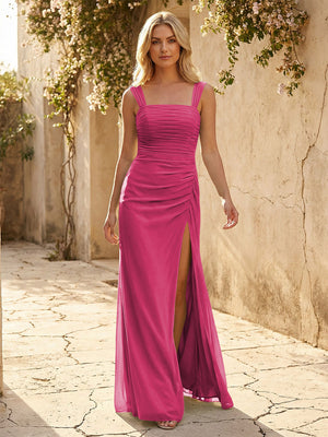 Square Neck Chiffon Pleated Bridesmaid Dresses with Slit