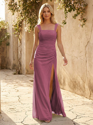 Square Neck Chiffon Pleated Bridesmaid Dresses with Slit