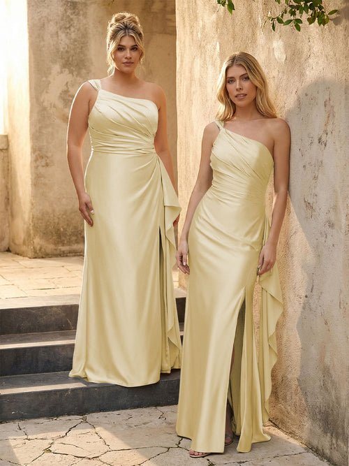 One Shoulder Satin Pleated Bridesmaid Dresses with Slit