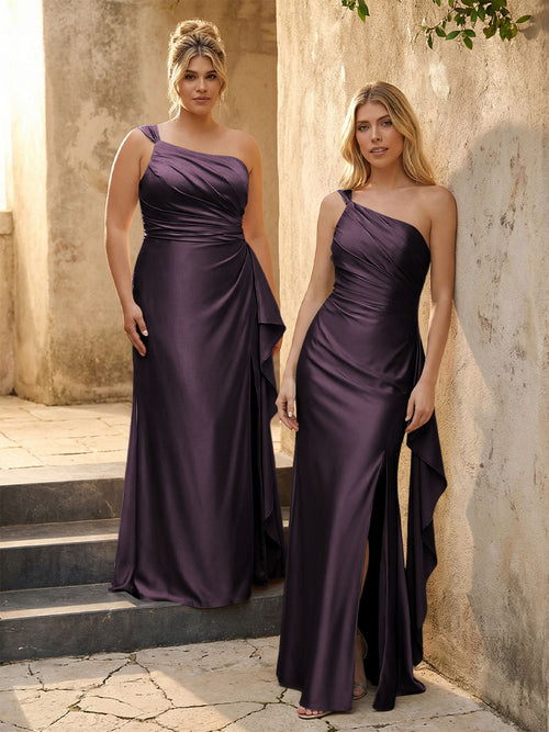One Shoulder Satin Pleated Bridesmaid Dresses with Slit