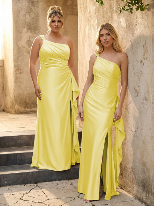 One Shoulder Satin Pleated Bridesmaid Dresses with Slit