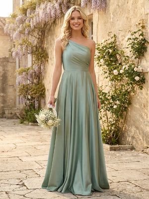 One Shoulder Satin Pleated Bridesmaid Dresses with Slit