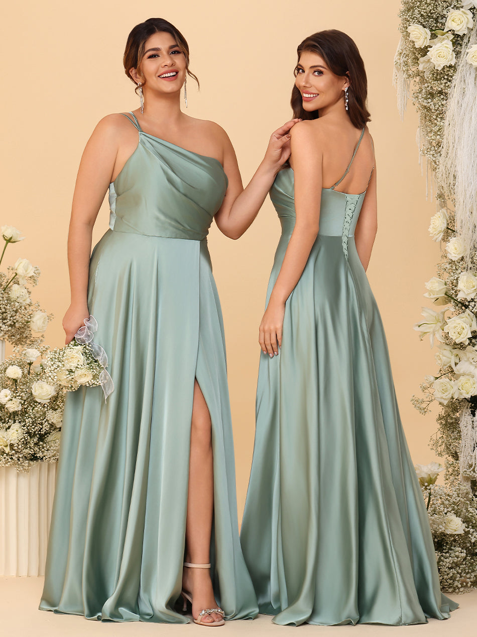 One Shoulder Satin Pleated Bridesmaid Dresses with Slit