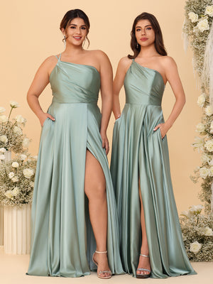 One Shoulder Satin Pleated Bridesmaid Dresses with Slit