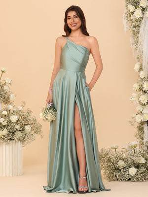 One Shoulder Satin Pleated Bridesmaid Dresses with Slit