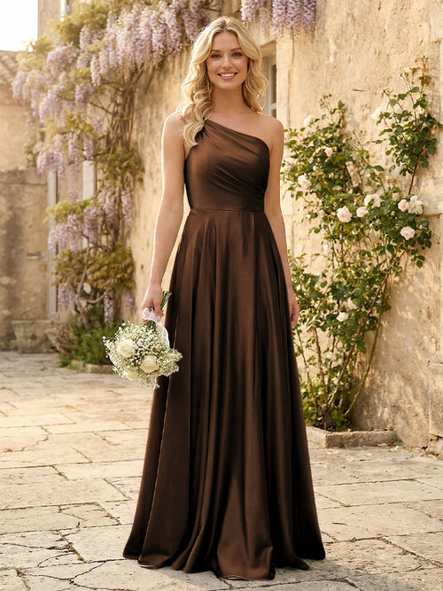 One Shoulder Satin Pleated Bridesmaid Dresses with Slit