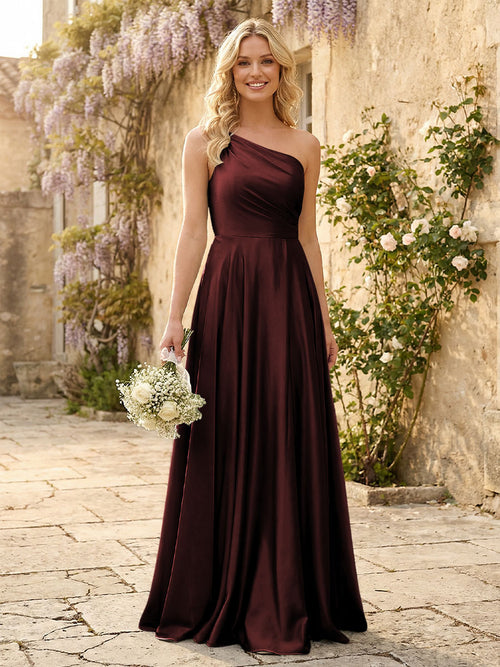One Shoulder Satin Pleated Bridesmaid Dresses with Slit