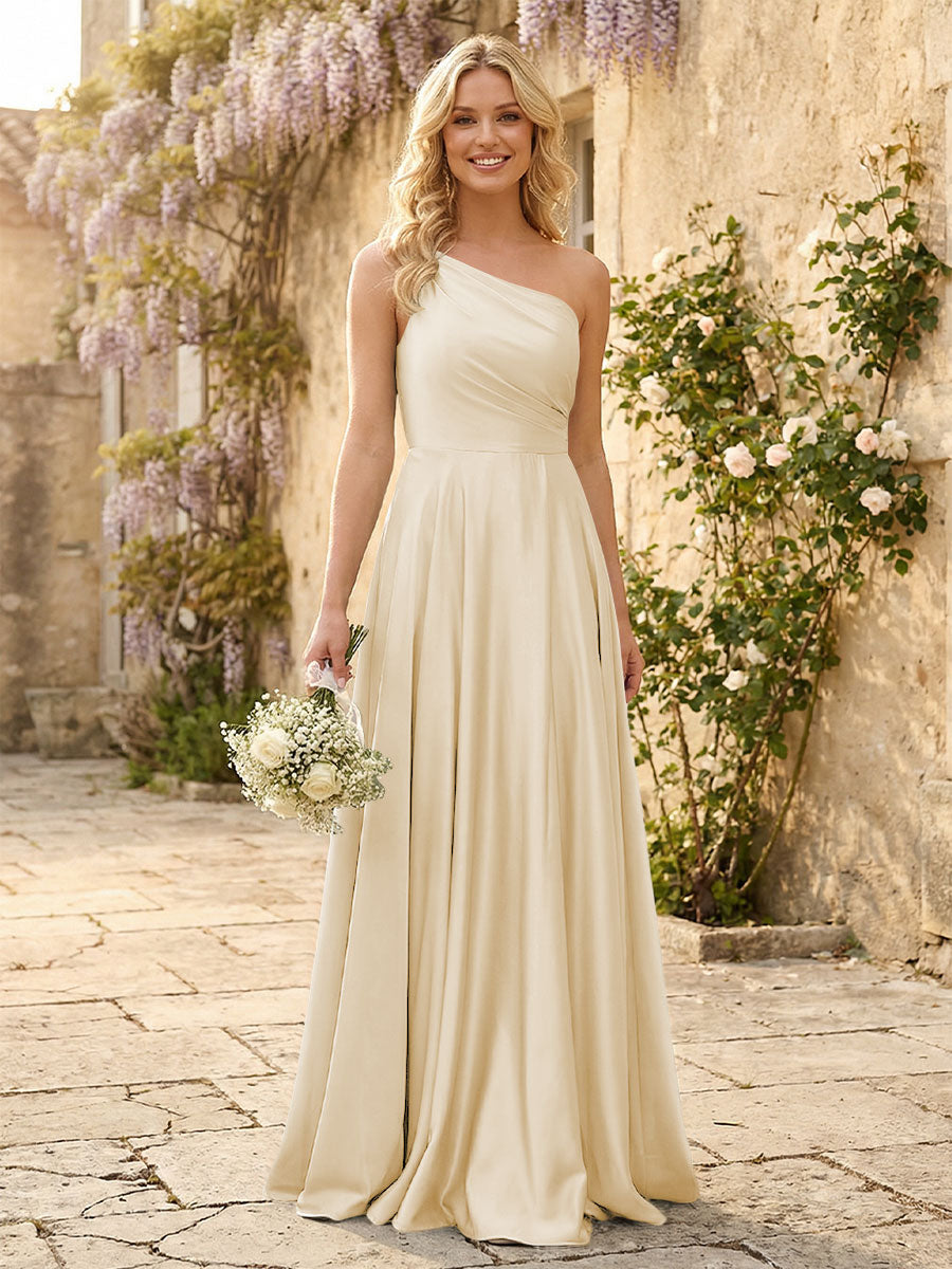 One Shoulder Satin Pleated Bridesmaid Dresses with Slit