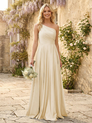 One Shoulder Satin Pleated Bridesmaid Dresses with Slit