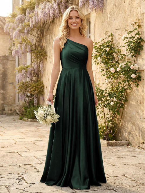 One Shoulder Satin Pleated Bridesmaid Dresses with Slit