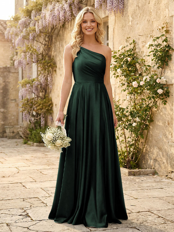 One Shoulder Satin Pleated Bridesmaid Dresses with Slit