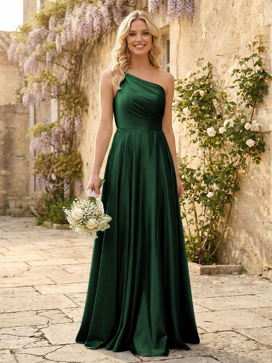 One Shoulder Satin Pleated Bridesmaid Dresses with Slit