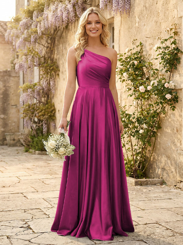One Shoulder Satin Pleated Bridesmaid Dresses with Slit