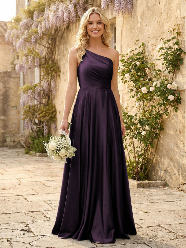 One Shoulder Satin Pleated Bridesmaid Dresses with Slit