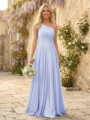 One Shoulder Satin Pleated Bridesmaid Dresses with Slit