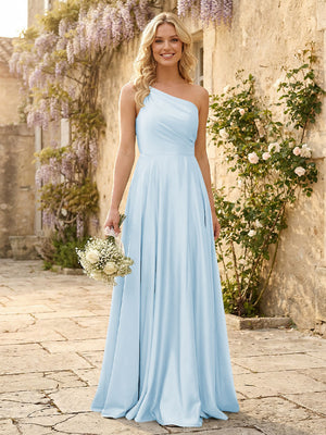One Shoulder Satin Pleated Bridesmaid Dresses with Slit
