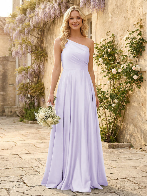 One Shoulder Satin Pleated Bridesmaid Dresses with Slit