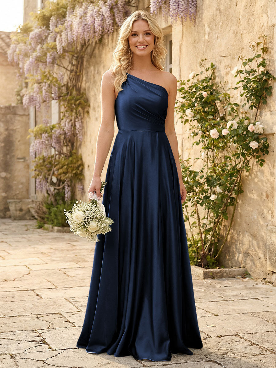One Shoulder Satin Pleated Bridesmaid Dresses with Slit