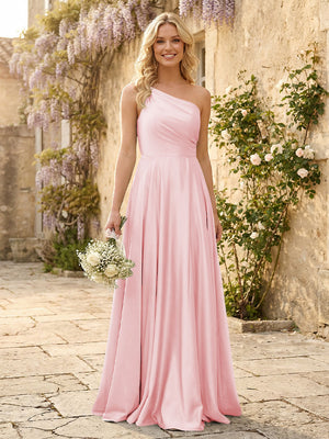 One Shoulder Satin Pleated Bridesmaid Dresses with Slit
