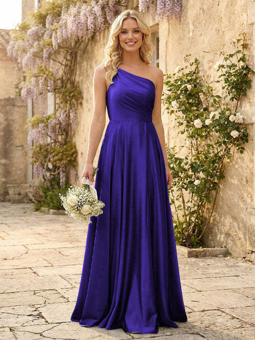 One Shoulder Satin Pleated Bridesmaid Dresses with Slit