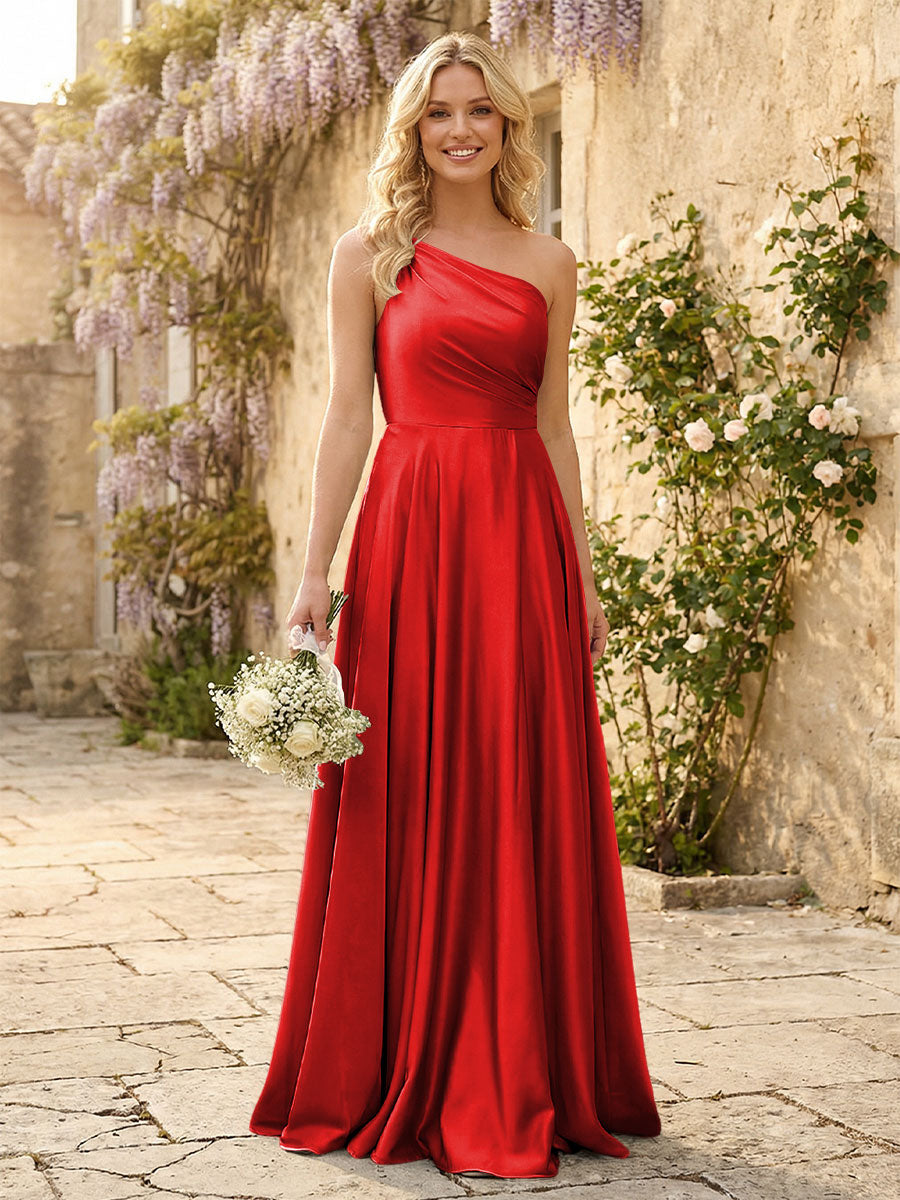 One Shoulder Satin Pleated Bridesmaid Dresses with Slit