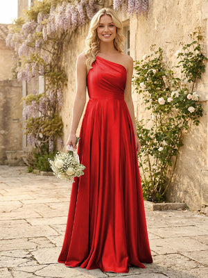 One Shoulder Satin Pleated Bridesmaid Dresses with Slit