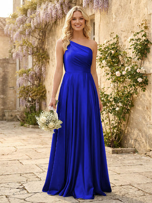 One Shoulder Satin Pleated Bridesmaid Dresses with Slit