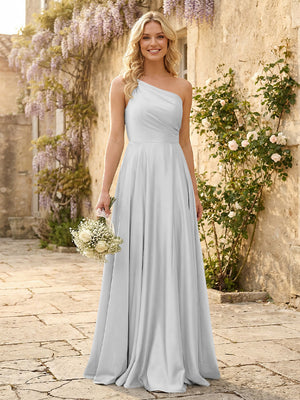One Shoulder Satin Pleated Bridesmaid Dresses with Slit