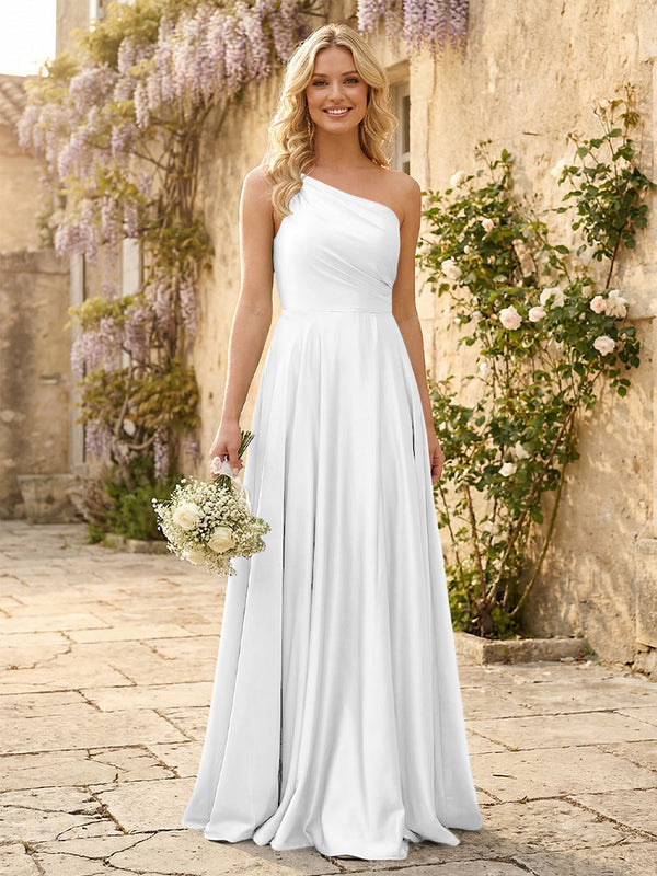 One Shoulder Satin Pleated Bridesmaid Dresses with Slit