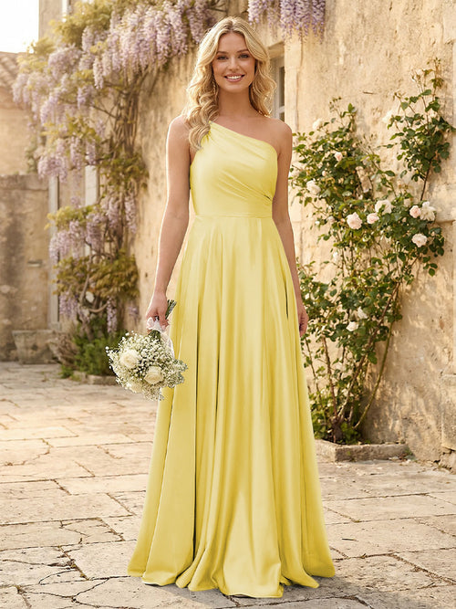 One Shoulder Satin Pleated Bridesmaid Dresses with Slit