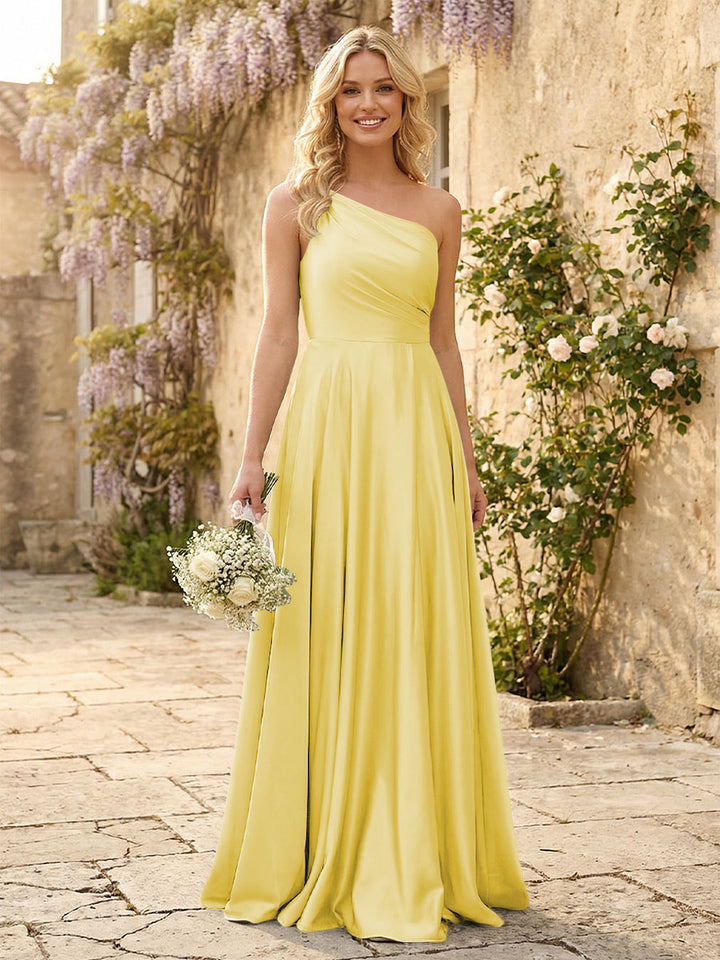 One Shoulder Satin Pleated Bridesmaid Dresses with Slit