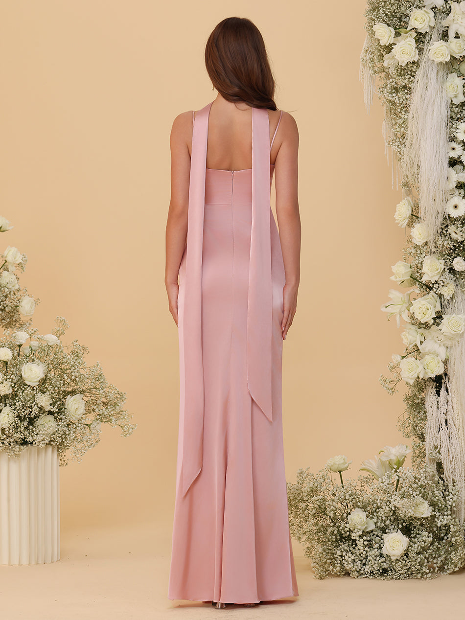 Spaghetti Straps Satin Pleated Bridesmaid Dresses with Scarf