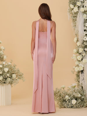 Spaghetti Straps Satin Pleated Bridesmaid Dresses with Scarf