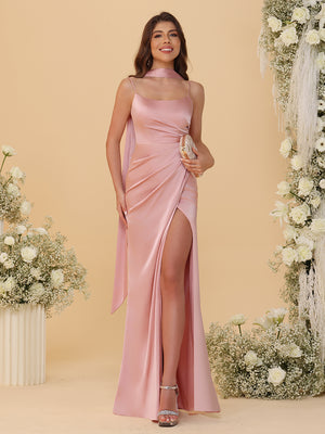 Spaghetti Straps Satin Pleated Bridesmaid Dresses with Scarf