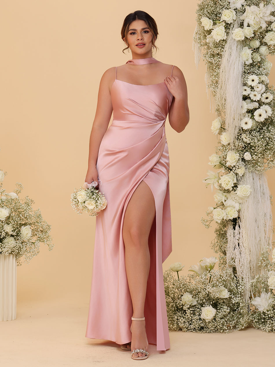 Spaghetti Straps Satin Pleated Bridesmaid Dresses with Scarf