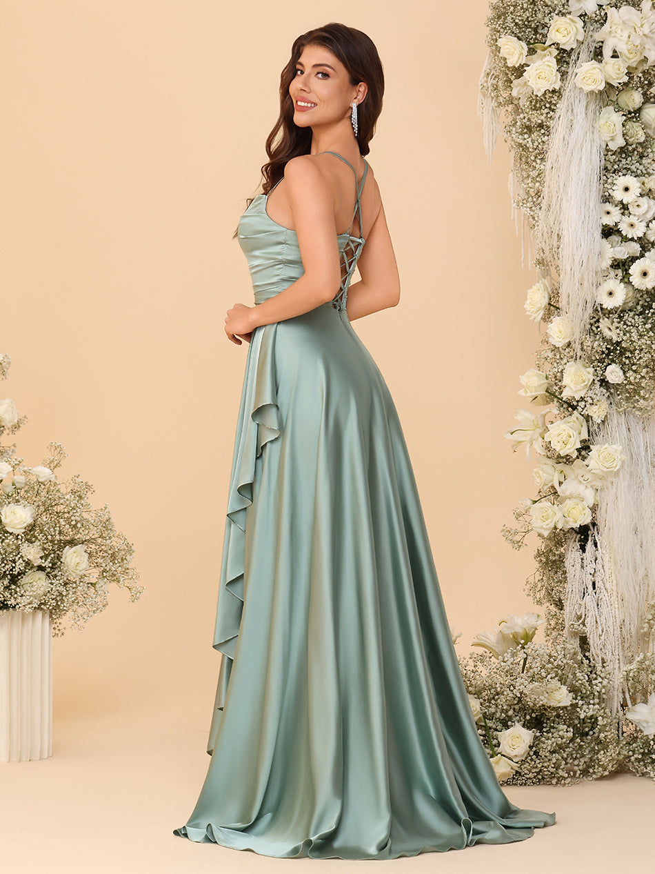 Spaghetti Straps Satin Pleated Bridesmaid Dresses with Slit