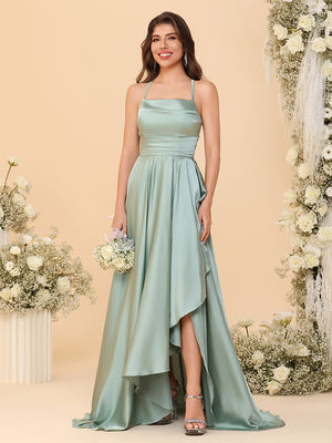 Spaghetti Straps Satin Pleated Bridesmaid Dresses with Slit