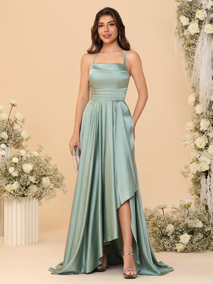Spaghetti Straps Satin Pleated Bridesmaid Dresses with Slit