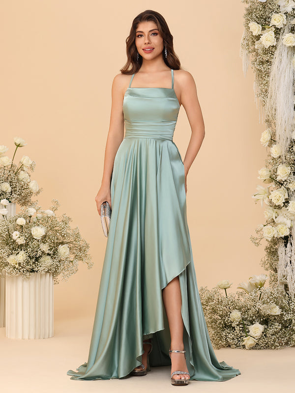 Spaghetti Straps Satin Pleated Bridesmaid Dresses with Slit