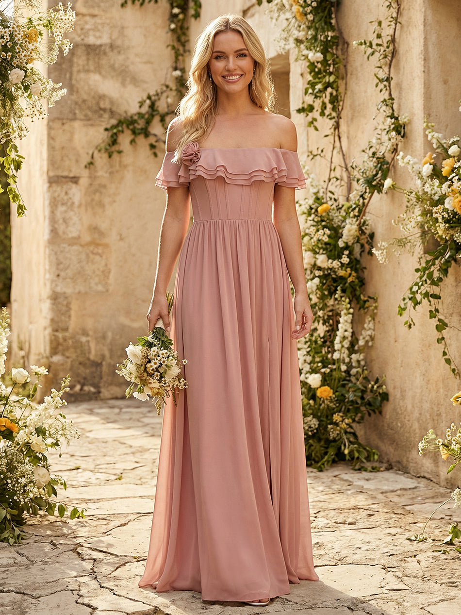 Off Shoulder Chiffon Bridesmaid Dresses Ruffles