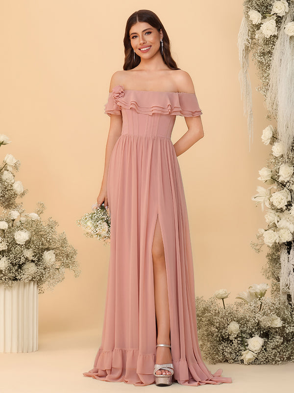 Off Shoulder Chiffon Bridesmaid Dresses Ruffles