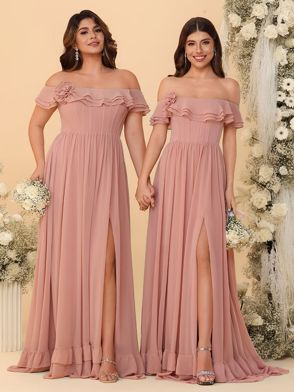 Off Shoulder Chiffon Bridesmaid Dresses Ruffles